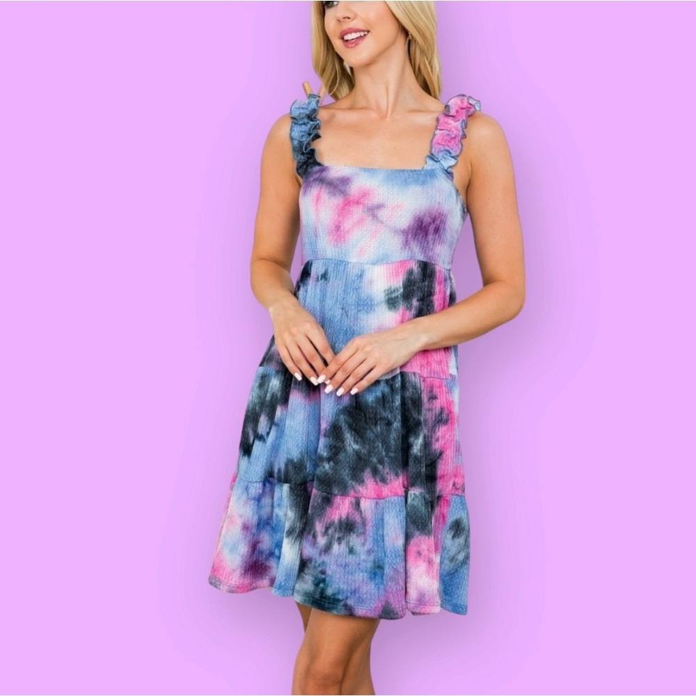 Boutique Purple-Pink Tie Dye Ruffle Strap Tiered Waffle Knit Swing Dress Size S